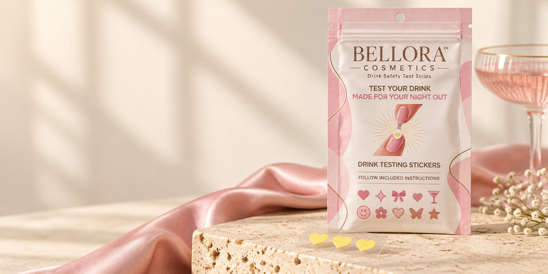 Bellora pouch and yellow nail stickers on pale stone with rose fabric