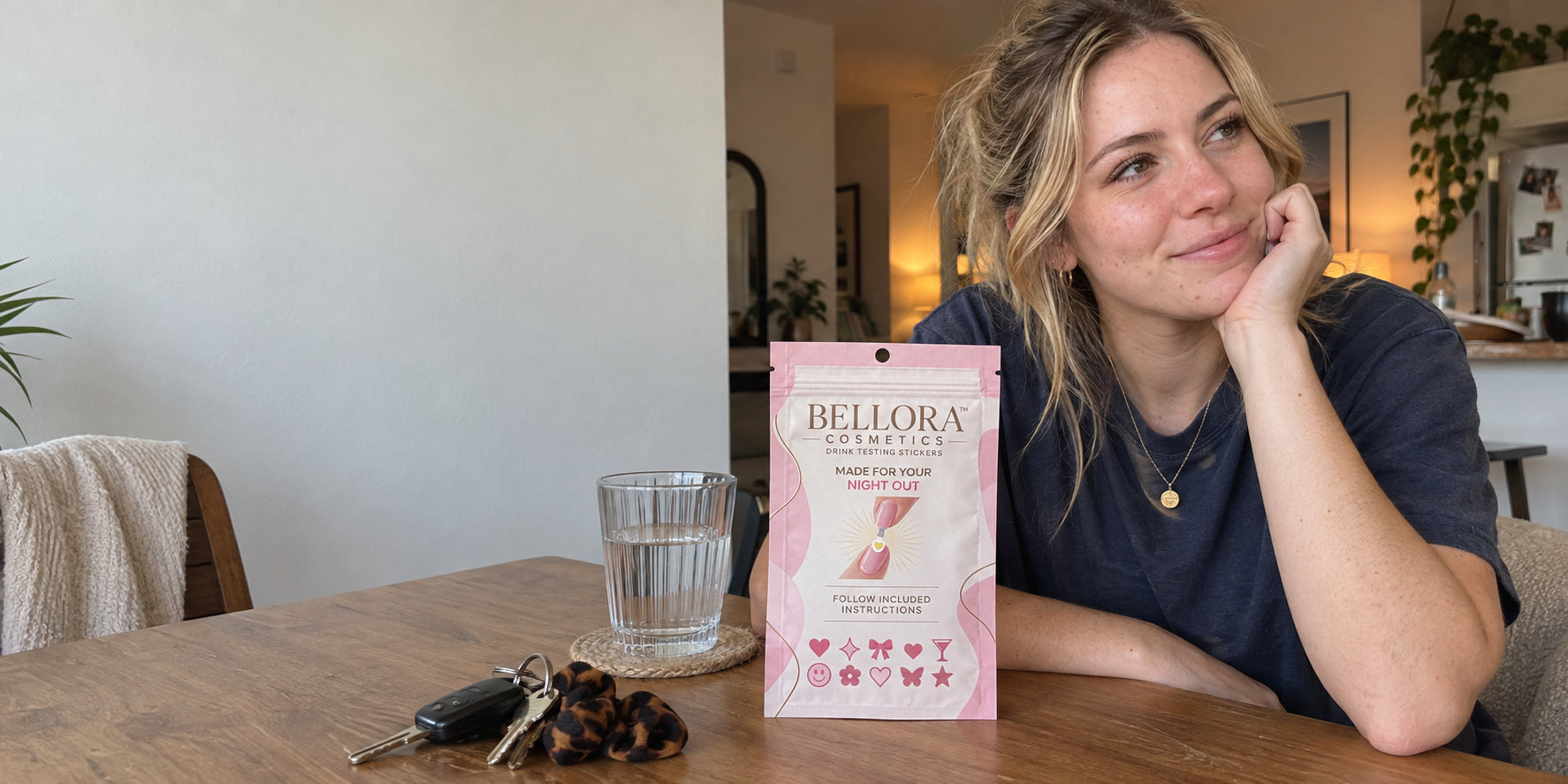 Adult woman at her dining table with a Bellora packet, glass of water and keys